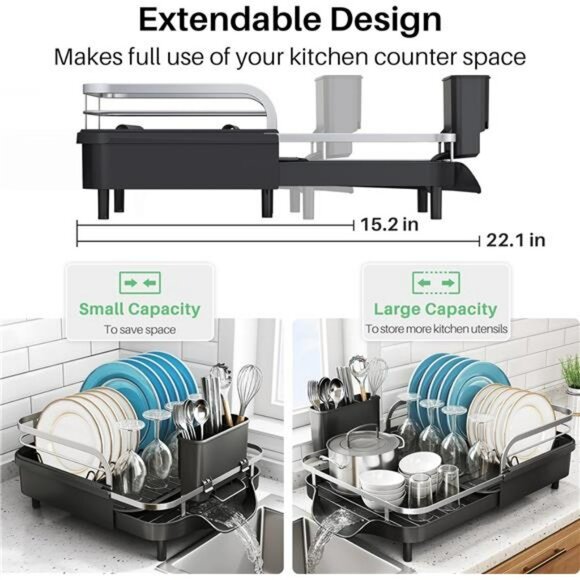 Expandable stainless steel dish drying rack with drainboard and utensil holder - Picture 3 of 7